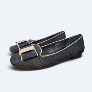 Isaac Mizrahi Linen Bow Square Toe Loafer Flats Black Beige 6.5